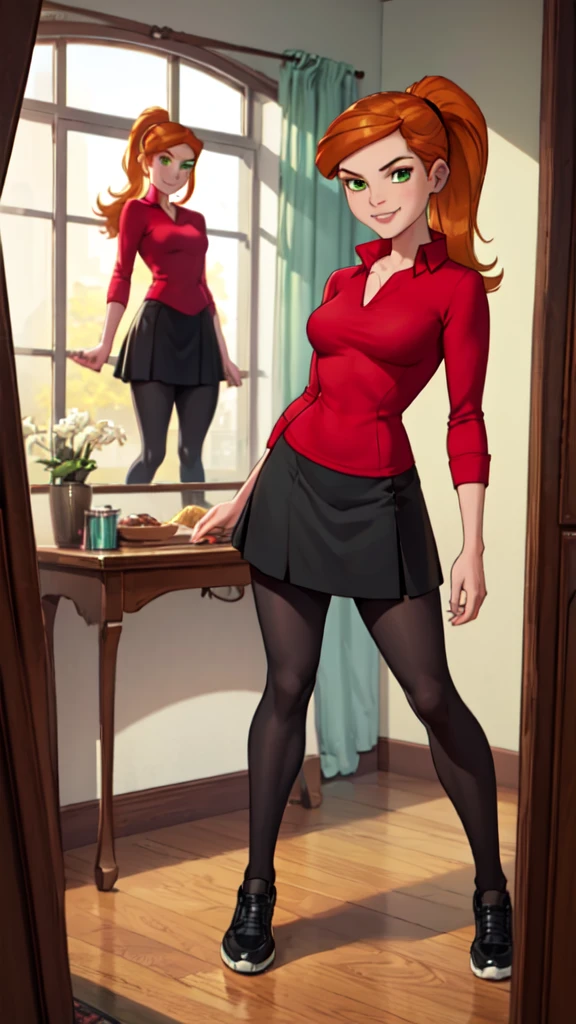 1 girl,(solo), (masterpiece:1.2), (high quality:1.0),looking at viewer, (ultra detailed),smile,pony tail,orange hair, green eyes, Gwen Tennyson, red shirt,black skirt,black transparent legging, (front view) medium body,full body view,seduing pose to the viewer,posing in mirror