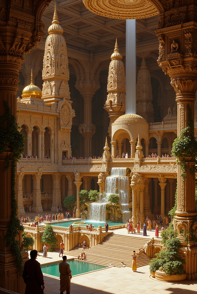 Create a grand, hyper-realistic painting capturing a majestic hall within an ancient Indian palace. The hall features many multi-layered attic pool connected to various waterfalls, with towering gopurams and intricate sandstone carvings of deities, mythical creatures, and floral patterns. Golden domes and spires gleam in the sunlight, each fed by cascading waterfalls that flow elegantly from stone-carved spouts high above. Stone platforms and finely carved balconies blend seamlessly with the intricate Dravidian temple architecture. The ceiling is adorned with ornate carvings, depicting celestial figures and patterns, while massive, intricately detailed pillars showcase traditional South Indian designs, rising gracefully to support the roof. Towering statues of deities and mythical beings, sculpted with precision and reverence, line the hall, lending an aura of timeless grandeur. Lush vines with vibrant flowers wrap around the stonework, introducing elements of natural beauty into the scene. Soft rays of sunlight filter in from above, illuminating the pools and casting intricate shadows that accentuate the hall's detailed craftsmanship. The atmosphere combines a serene tranquility with opulent splendor, as vivid textures and colors reflect the rich legacy and splendor of ancient India. Capture the scene with high contrast, vivid hues, and a warm, ethereal glow.