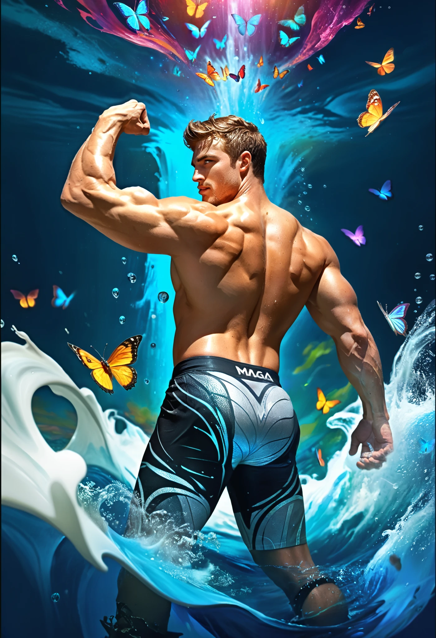 horrid, black background, muscular flexing, border line, manly young adult man, medium shot, fit shirtless young adult man mage wearing silver armor casting water explosion spell, handsome muscular man, character concept art, magic, water butterflies, splashes, flowers, hyperrealistic, realistic art, masterpiece, fantasy concept art, fantasy art, abstract, surreal, extravagant, vivid, vibrant, detailed art, flowing water, water magic, bubbles, drops, splashes, colorful, dramatic, dynamic, best quality, color scheme blue and white, erotic, bulge, butt, ass, dynamic pose, from bellow, nude ass, flaccid penis