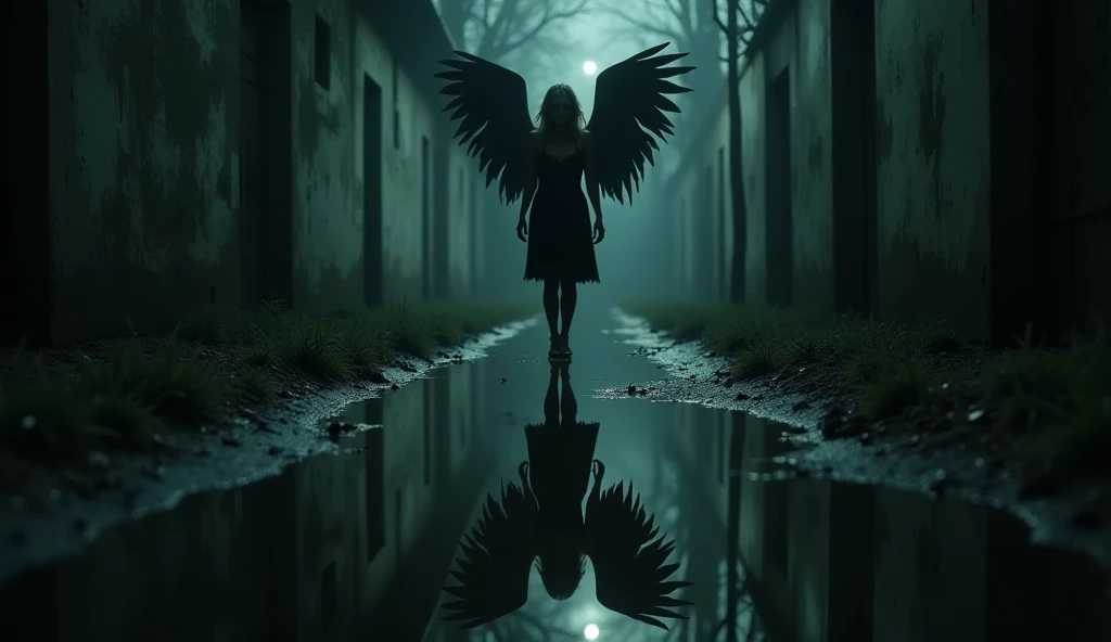 Night, realistic, first-person view from her eyes at a puddles on the ground, The view is directly to the puddles,  In the puddles, a haunting shadow reflection of a dark man figure with  wings appears