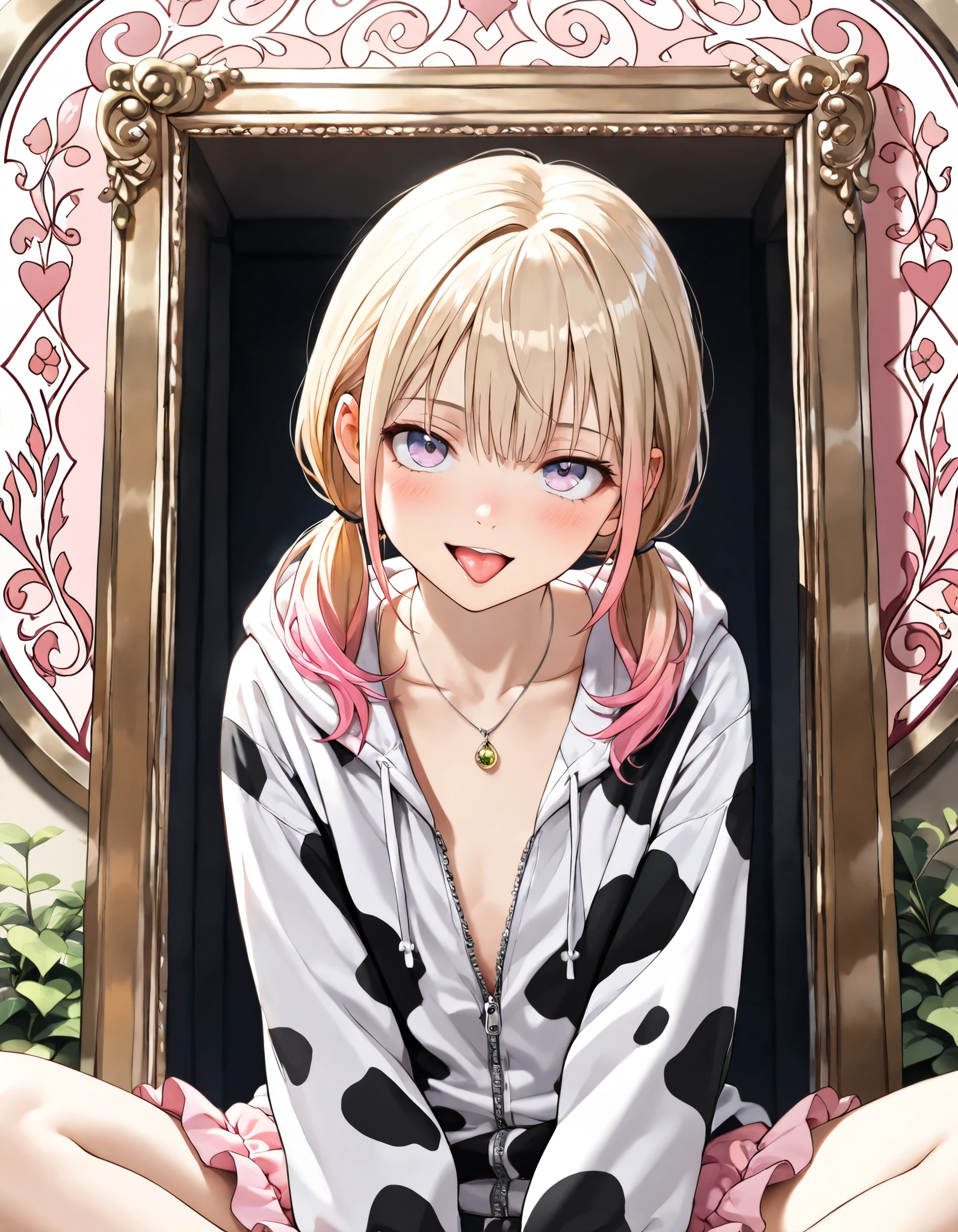 ((Masterpiece)), ((best quality)), (8K), (wide shot), (detailed background:1.2), (super detail:1.2),(High Definition:1.3), (Professional Photography:1.2), (very aesthetic:1.2), (absurdres:1.2), (sharp focus), ((1girl)),  Girl, (Textured skin), (Realistic skin), (blonde hair, gradient hair, fluorescent-pink colors Hair Tip, low pigtails), (loose long bangs), Beautiful collarbone, (Healthy Gaunt body), seductive smile, (open mouth wide, sticking out tongue, back of the throat), blush, BREAK, head tilt, (wearing Cow-patterned oversized hoodie, loose zipper), ruffled skirt, (slightly exposed small chest), Fine gemstone pendant, (pale purple eyes, gradient eyes, upturned eyes), (cute cheeks), glossy lips, (lower eyelashes), eyelid pull with finger, (loose sitting outside the vineyard, outstretched legs), The grapevine vineyard, ((Art Nouveau picture frame)),