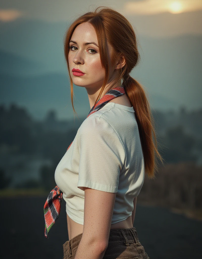 Photograph,woman, 28 year old,tibetan,ideal-body,Gingersnap Brown,twisted side ponytail,black text,bombshell,natural skin,realistic, Ideal-cutesie, (detailed eyes:0.8), (detailed lips:0.8), (freckles:0.8), extremely photogenic girl, blush, textured skin, (photorealistic:1.2), (vibrant colors, 8k, high quality, shot on Fujifilm X-T4, 85mm f1.2), (haze, fog, mist, chiaroscuro:1.3), light on face, cinematic lighting, extremely busty, daphne blake cosplay, orange hair, neckerchief, (loose fitting attire:1.2), (looking at viewer, from behind:1.3), Karen Gillan, redhead, ginger hair, 