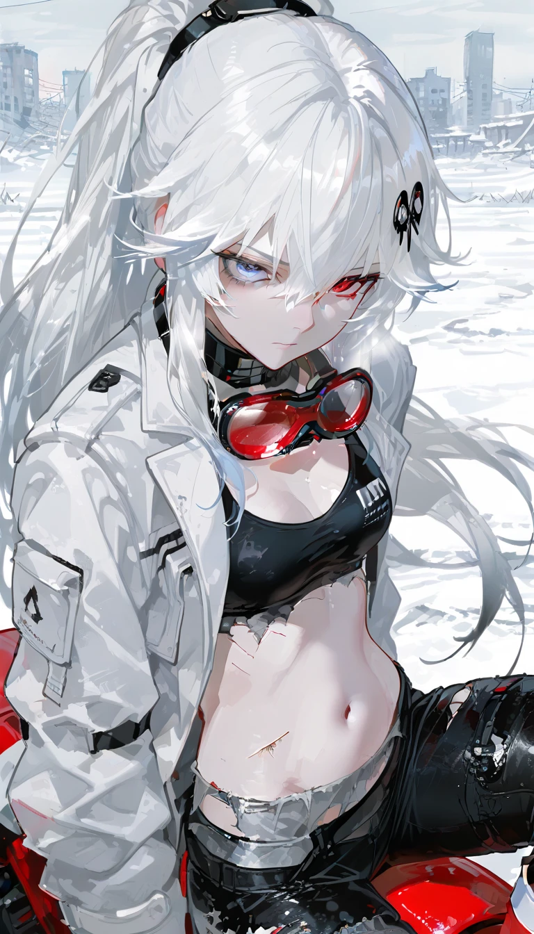  top quality , masterpiece,        748cm style       ,        1 girl,   ,       viewers,  ,      serious expression,,      Punishing Gray raven、     Lucia、     white jacket, frayed hair long hair, white hair, gradient hair, hair ornament, heterochromia, red eyes, blue eyes, white suit
Snow, snow city background, abandoned city, looking at viewer, long shot, bare belly, upper body, ponytail, black sports bra, black pants, tight, leggings, ripped pants, thigh, boots, red motorcycle goggles around the neck