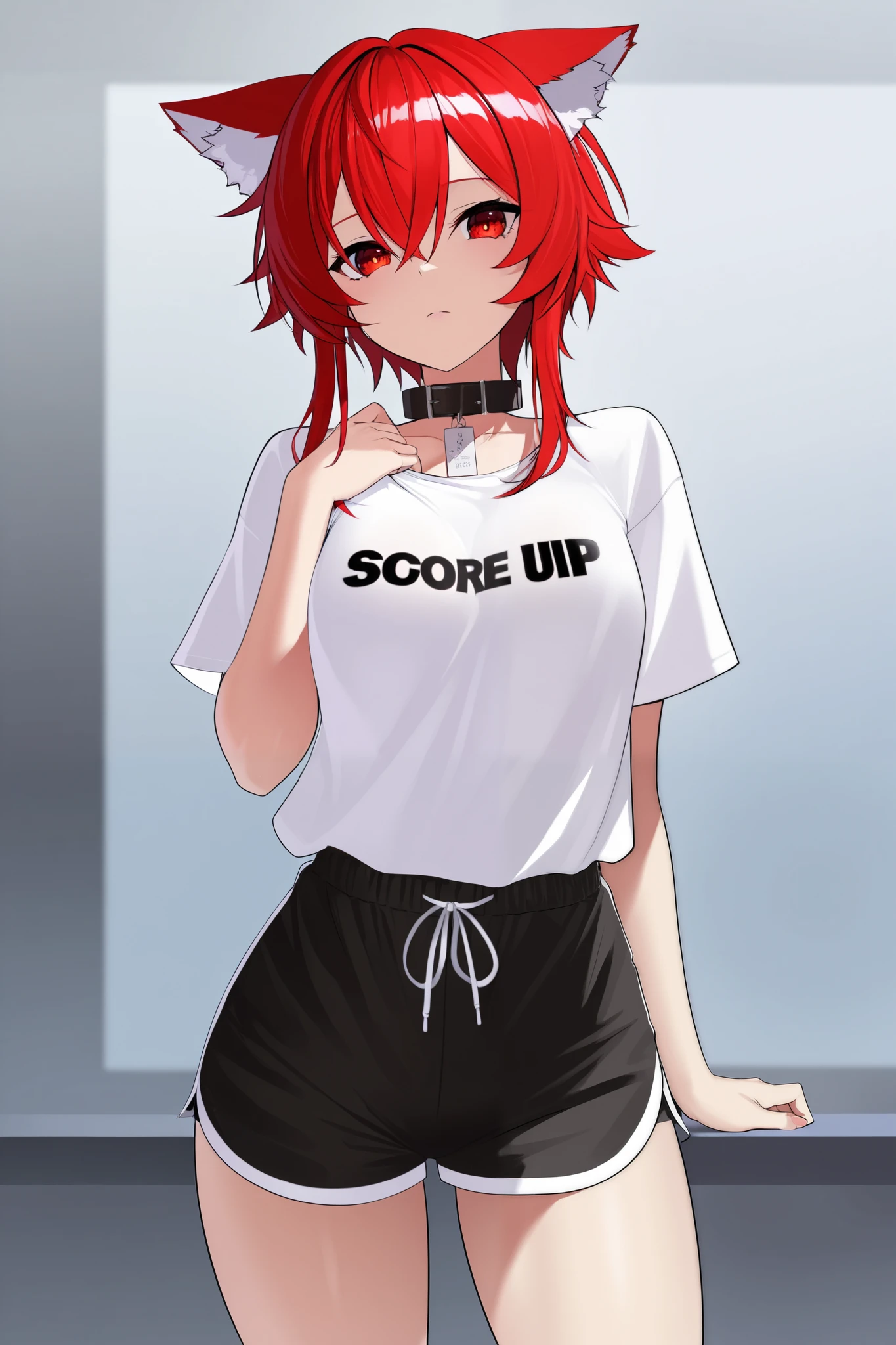 Masterpiece, beautiful robot. Girl with red hair and real wolf ears, Caucasian, T-shirt without inscriptions and sports black shorts, collar with tag on her neck.