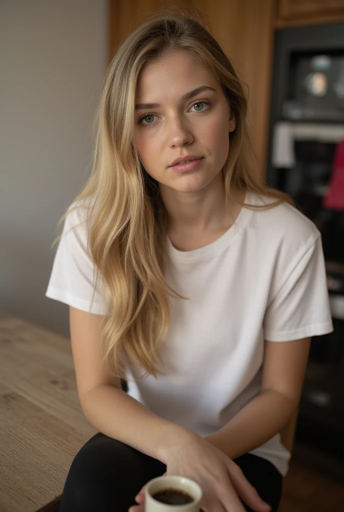 Selfie of a 30-year-old slim woman with long blond hair and grey-blue eyes, sitting at the kitchen holding a cup of coffee. She is wearing black leggins and white T shirt. the photo was taken in front of the face a little from above, photo at evening light