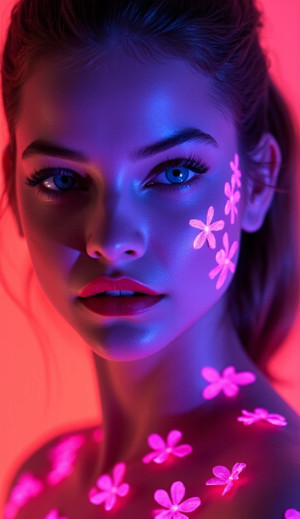 ((portrait of a girl in the ultraviolet backlighting on her:1.24)), (1girl: 1.3, 22 years), ((perfect hands:1.2)), ((perfect female body:1.4)), cute girl, ((super fluorescent colourful and extremely intricately detailed photo of Hyperrealistic art Wonderful, intricate (fluorescent colorful))), photorealistic Realism 32K Quality, fashion supermodel, (Glamour, paparazzi taking pictures of her), (beautiful slim and sharp face), (((Hyper absurd details of realistic , perfectly round brown eyes: 1.3) in Ultra absurd quality and resolution)), ((Ultra sharp eyes, clear absurd quality, not blurry)), ((fine detailed pupils: 1.4)), pink_makeup:1.2, blue_eyeliner:1.13, red_lipstick:1.4,(perfect dark_eyeshadows:1.35), (Detailed nose:1.2), Intricate detail face, best high quality real texture skin, (perfect composition), ((orange, green, black, red flower clusters: 1.44)), ((fluorescent flower clusters printed on her skin: 1.35)), ((fluorescent paint whole body:1.22)), ((A model shows off glowing body paint covering her private parts in a vivid artistic display:1.5))), ((Beautiful girl with long legs and good style:1.2)), ((firm and full breasts:1.3)), (dynamic pose:1.25),((no_Pantise)),(Erotic:1.33), (((cowboy shot:1.3))), 