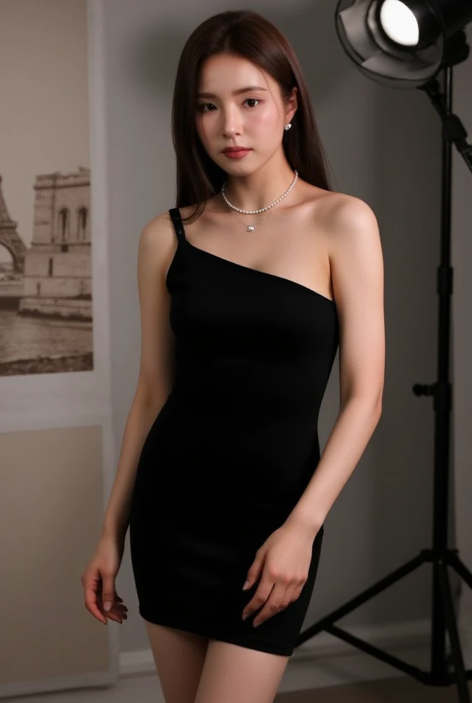  fashion model take photography, Portrait, upper chest body and face, Front view, looking at viewer,  name  is Shin Sekyung,  beautiful Korea  Young girl is 25-age, (black chin-ion hair, heavy make, serious, decoration peal earring, peal neck-less), (C cup breast, middle hip),1 piece black formal dress, shoulder-less simple and chic body-con mini dress ,  black lace stocking , enamel red shoes,  in studio ,  cinematic lighting,  back wall Paris picture Panel, (masterpiece, highest quality, High resolution, Photo realistic, sharp, RAW Photos, wallpaper, perfection, Professional Lighting, Very detailed)