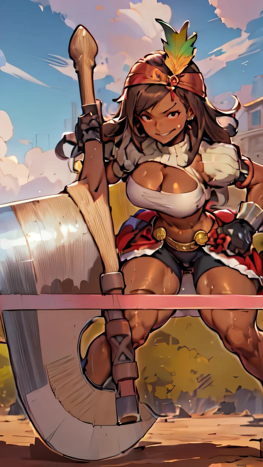 masterpiece, best quality, ff9lani, ((dark skin)), bandana, feather hair ornament, turtleneck, cleavage, puffy sleeves, bandeau, ((red overskirt)), short shorts, gloves, large breasts, evil smirk, angry, from side, village, blue sky (thick thighs:1.6) ((wide hips)) (narrow waist:1.4) ((toned body)) ((muscular female)) shinny skin, sweaty, sweat, sweat drop, shredded abs, atheltic body, redish-brown hair, sexy, ,huge metal axe , , ((golden tan skin))
