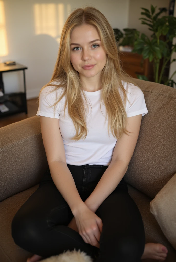 Selfie of a 30-year-old slim woman with long blond hair and grey-blue eyes, sitting on a brown couch. She is wearing black leggins and white T shirt. The photo was taken in front of the face a little from above, photo at late evening light