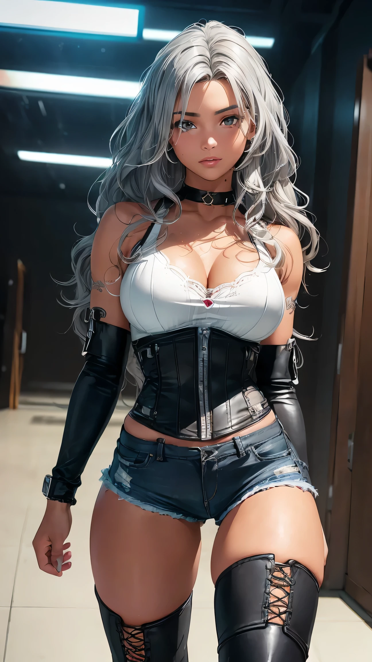 (bar in Iceland farmer settlement), ((unbuttoned iceland sweather)), (black ripped tight denim pants), (fishnet stocking with garter belt), (thigh-high high-heeled boots), (black band tee underneath), (messy bun pixie undercut silver hair), (green eyes), athletic girl.