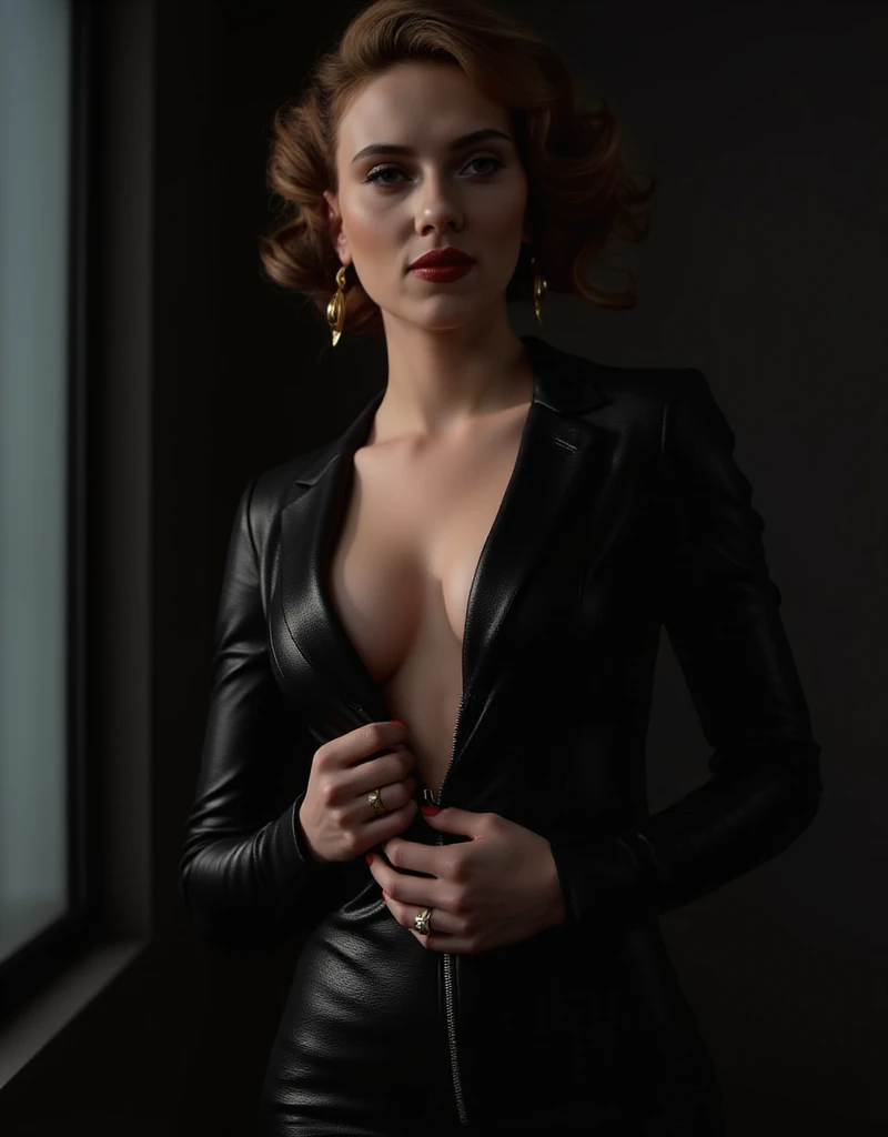 Scarlett johansson as black widow unzipping her suit showing some nipples