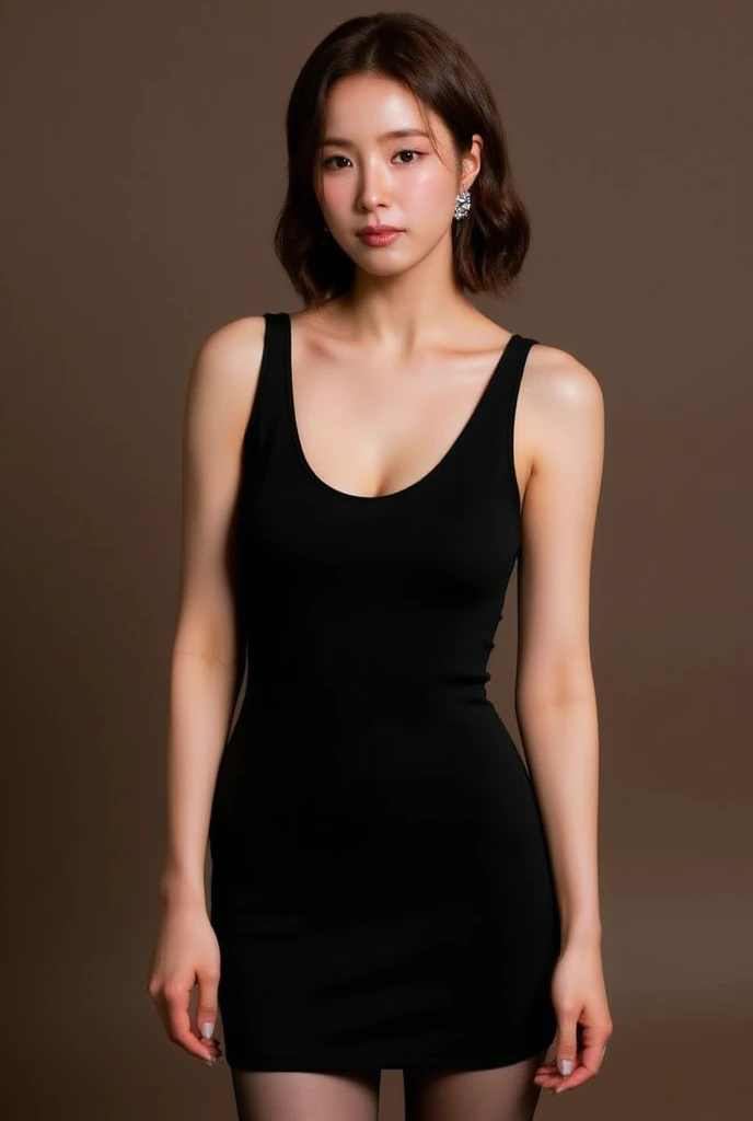   Portrait, Front view, looking at viewer,  name  is Shin Sekyung,  beautiful Korea  Young girl is 25-age, (black chin-ion hair, heavy make, serious, decoration peal earring, peal neck-less), (C cup breast, middle hip),1 piece black formal dress, shoulder-less simple and chic body-con mini dress ,  black lace stocking ,  cinematic lighting,  back wall Paris picture Panel, (masterpiece, highest quality, High resolution, Photo realistic, sharp, RAW Photos, wallpaper, perfection, Professional Lighting, Very detailed)