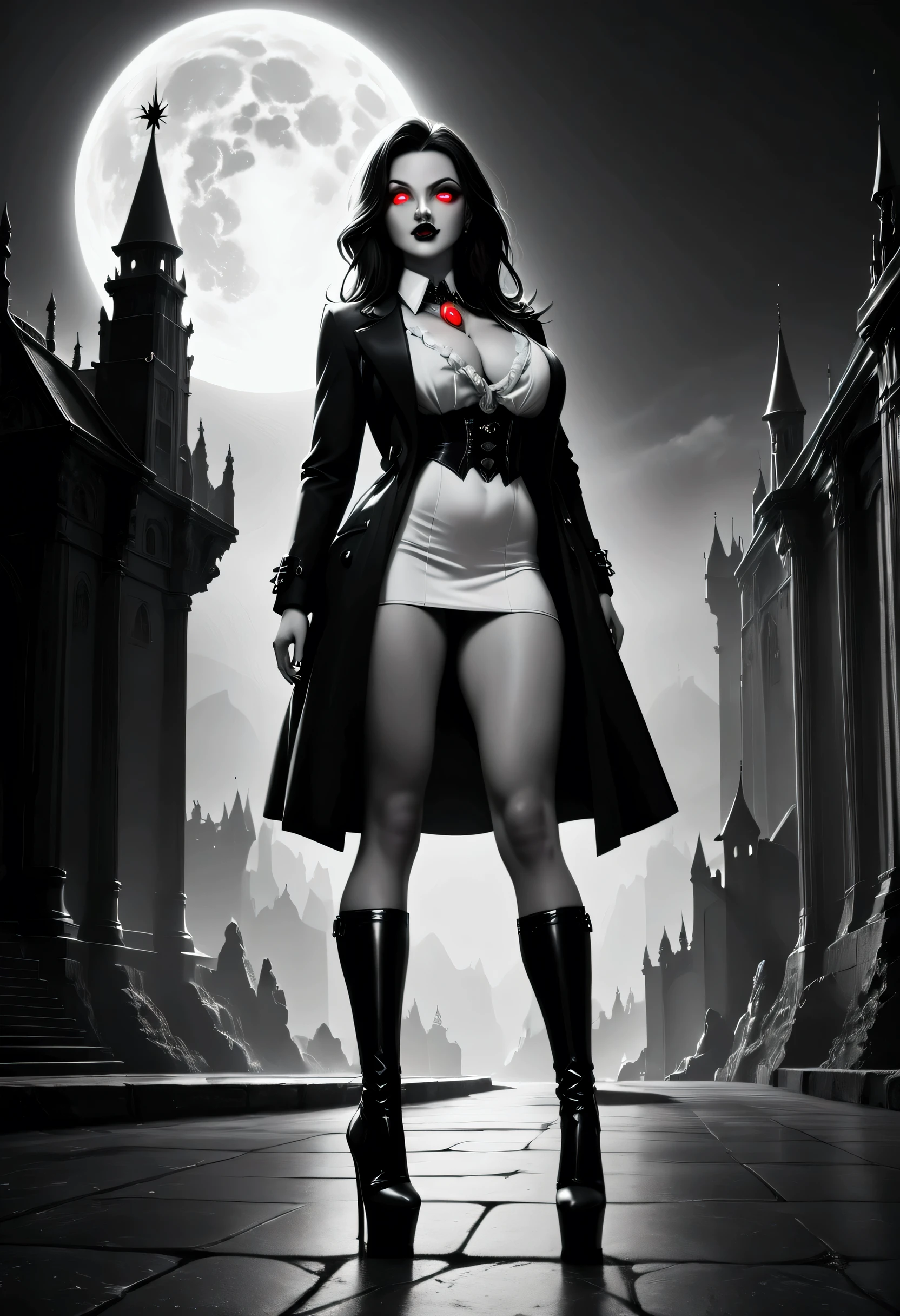 score_9, score_8_up, score_7_up, score. a female vampire in the night, a goth beauty, exquisite beautiful female vampire, best detailed face, red glowing eyes, full body, busty, wearing white bottom shirt, short skirt,  wearing high heeled boots, wearing  black trench coat, flowing trench coat, it is night time, moon light. moon rays, goth castle, background, , black and white 19th century picture, vibrant, Ultra-high resolution, High Contrast, (masterpiece:1.5), highest quality, Best aesthetics), best details, best quality, highres, ultra wide angle, 16k, [ultra detailed], masterpiece, best quality, (extremely detailed) RAW,  ral-chrosc-bw