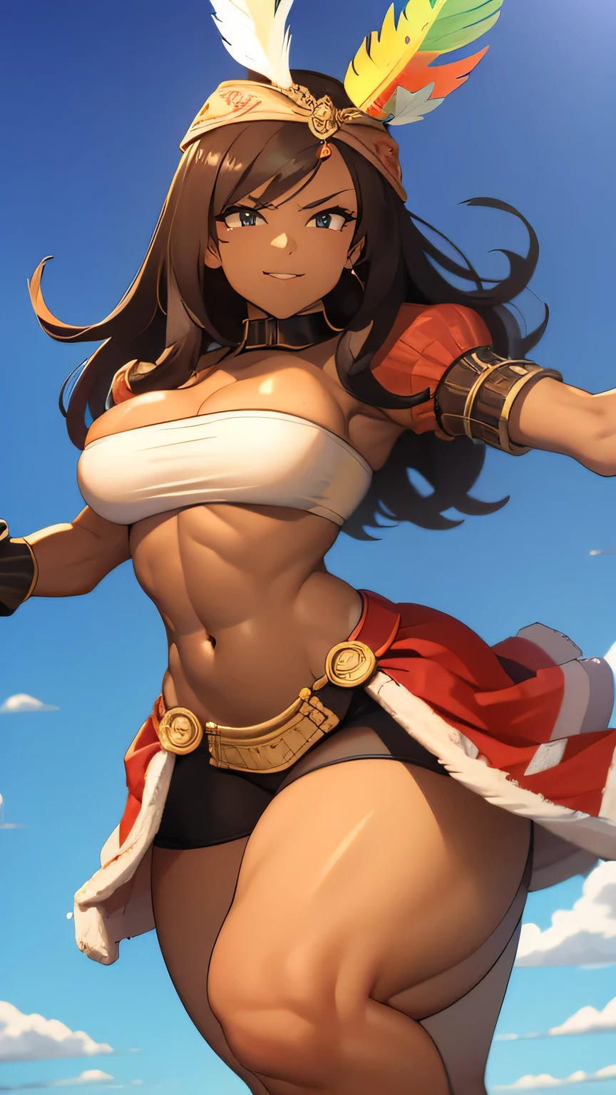 masterpiece, best quality, ff9lani, dark skin, bandana, feather hair ornament, turtleneck, cleavage, puffy sleeves, bandeau, ((red overskirt)), short shorts, gloves, large breasts, evil smirk, angry, from side, village, blue sky (thick thighs:1.6) ((wide hips)) (narrow waist:1.4) ((toned body)) ((muscular female)) shinny skin, sweaty, sweat, sweat drop, shredded abs, atheltic body, redish-brown hair, sexy, , ,  , golden tan skin