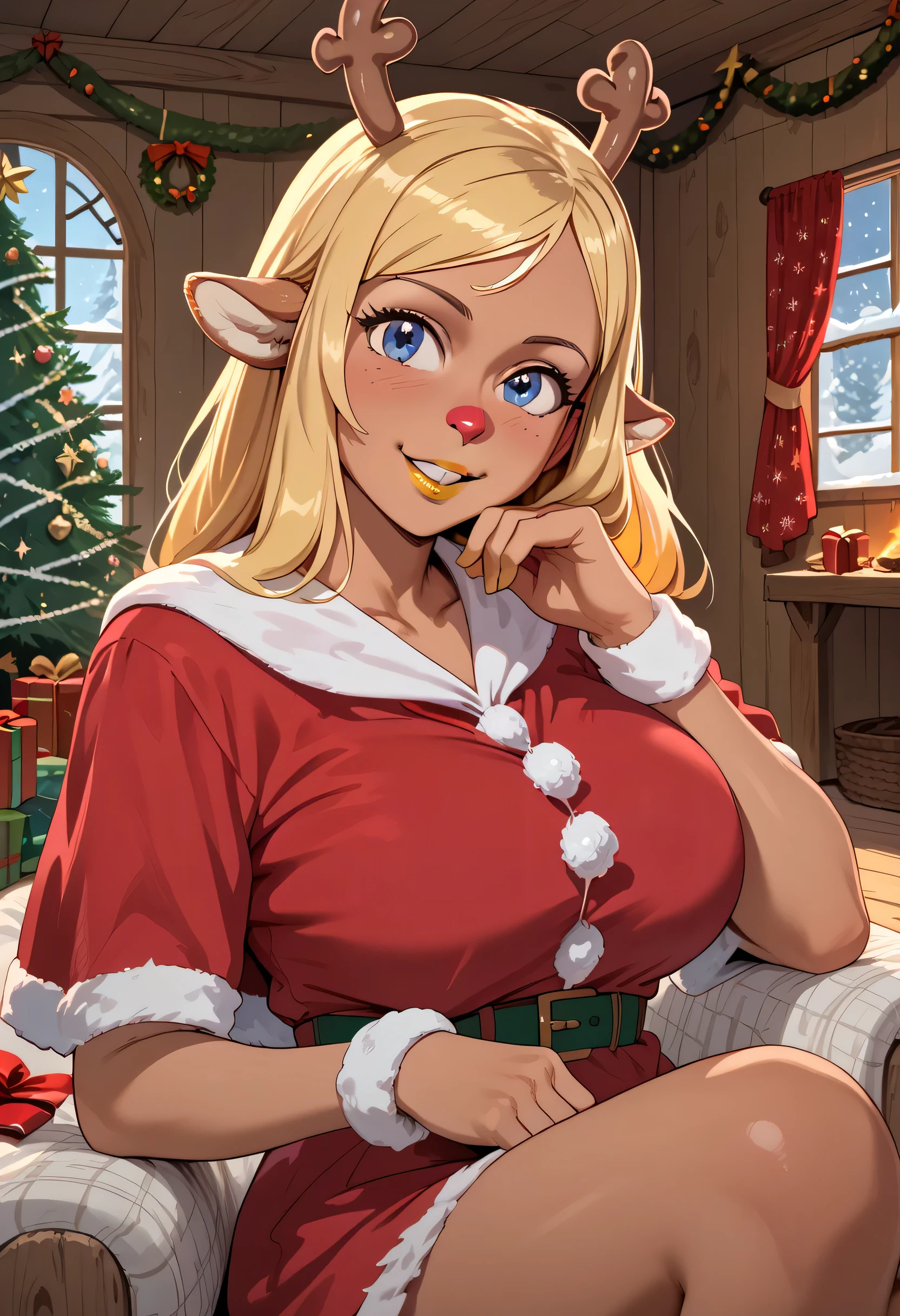 (noelle, deer girl:1.3), red nose, antlers (tan fur detailed:1.2), (blonde hair detailed), buck teeth, christmas, christmas outfit, large breasts, (head tilt:1.2), looking at viewer,
sideways,
relaxing pose, living room, log cabin, yellow lipstick, blue eyes, anime style