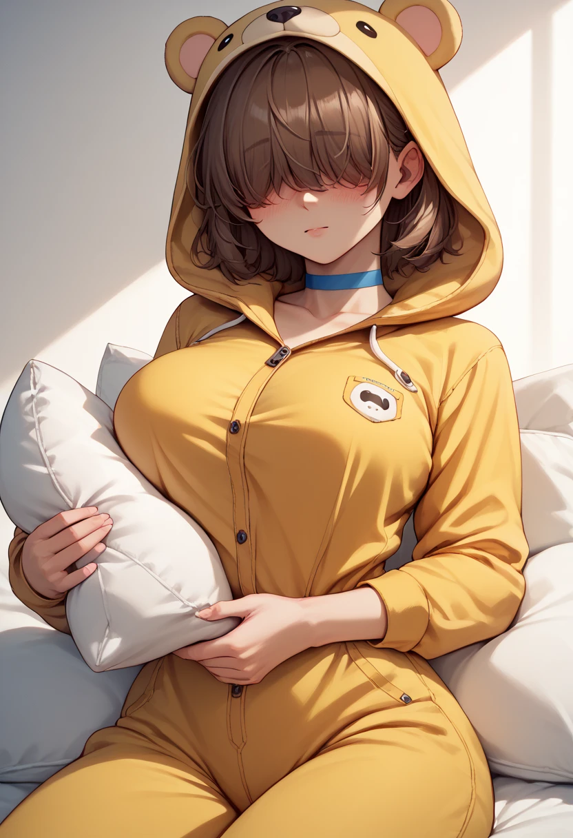 masterpiece, best quality, solo, 1girl, round breasts, cute girl, blushing, hair over eyes, brown hair, yellow bear jumpsuit/onesie, blue choker, holding a pillow close to her body, bedroom background/landscape