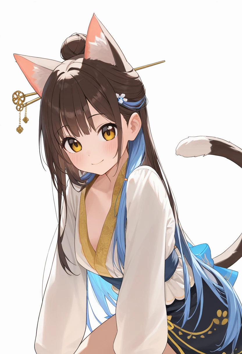 look_( something that sings),  1 girl,  long hair,  animal ears ,  blue hair, chest,  yellow eyes , single Hair Bun, cat Tail,  brown eyes, medium chest, cat ears, Hair Bun,, large chest,  hair accessory as Kamui ,  Hairstick , hairpin, idol costume  ,countryside , 視聴者をlook,  Alone, Tail, White background,  simple background, smile,   closed mouth