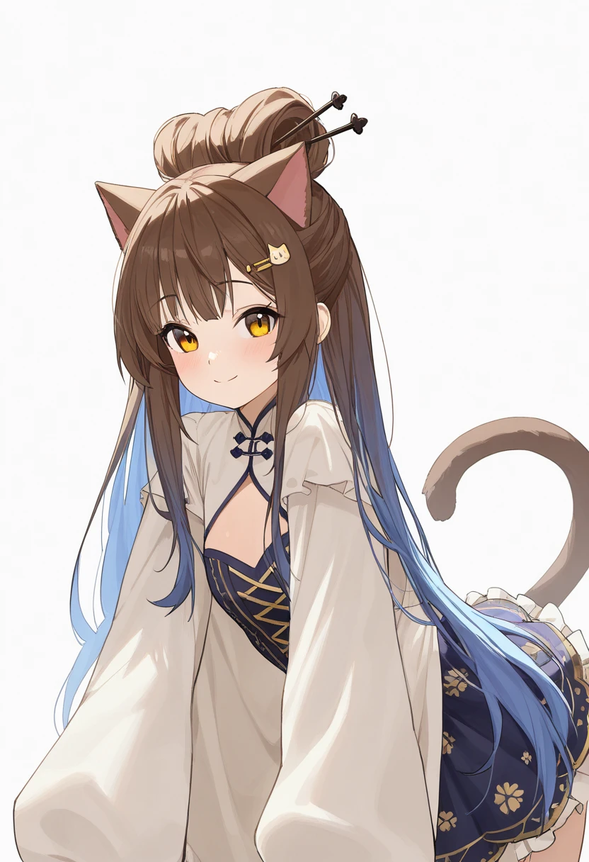 look_( something that sings),  1 girl,  long hair,  animal ears ,  blue hair, chest,  yellow eyes , single Hair Bun, cat Tail,  brown eyes, medium chest, cat ears, Hair Bun,, large chest,  hair accessory as Kamui ,  Hairstick , hairpin, idol costume  ,countryside , 視聴者をlook,  Alone, Tail, White background,  simple background, smile,   closed mouth