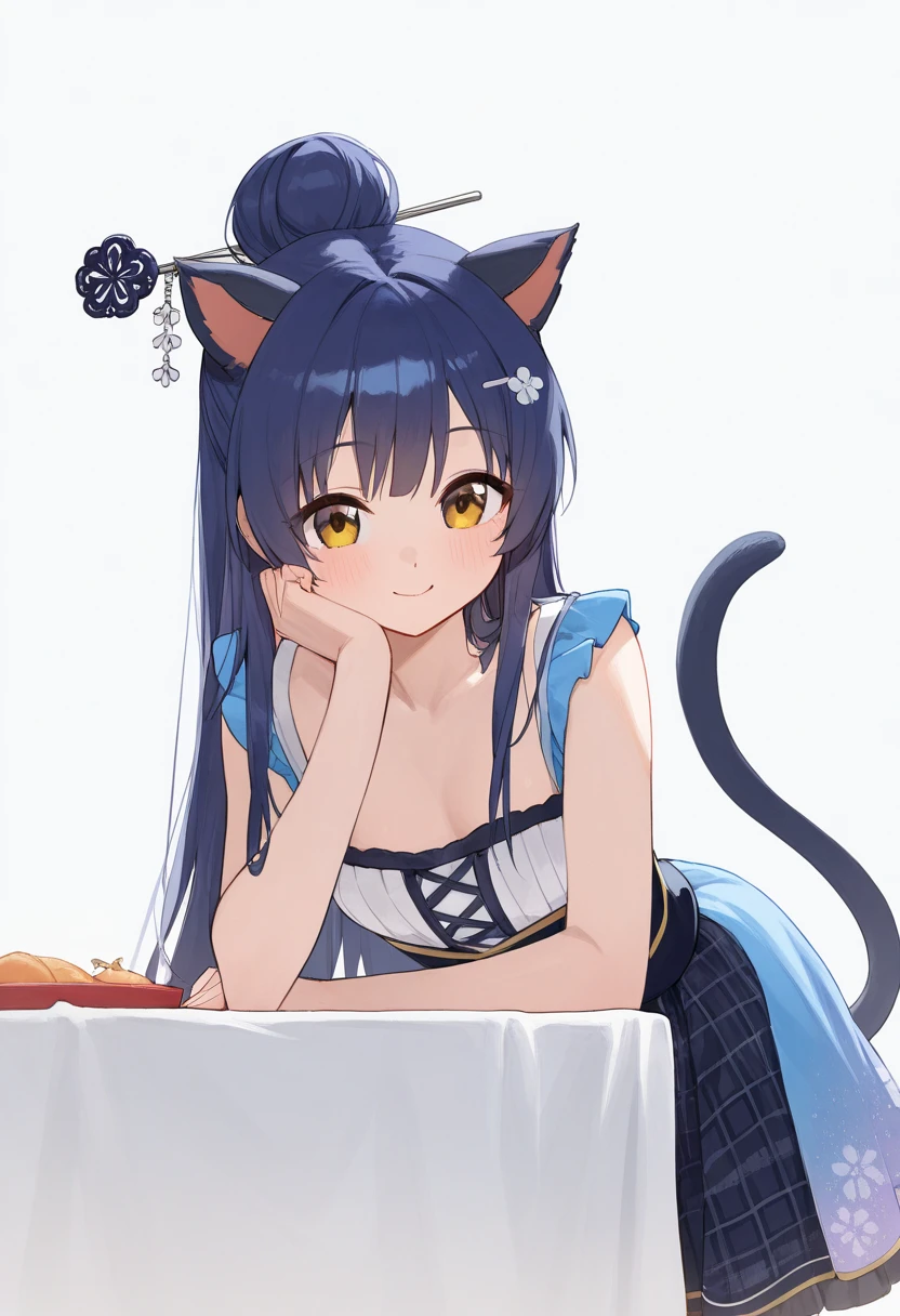 look_( something that sings),  1 girl,  long hair,  animal ears ,  blue hair, chest,  yellow eyes , single Hair Bun, cat Tail,  brown eyes, medium chest, cat ears, Hair Bun,, large chest,  hair accessory as Kamui ,  Hairstick , hairpin, idol costume  ,countryside , 視聴者をlook,  Alone, Tail, White background,  simple background, smile,   closed mouth