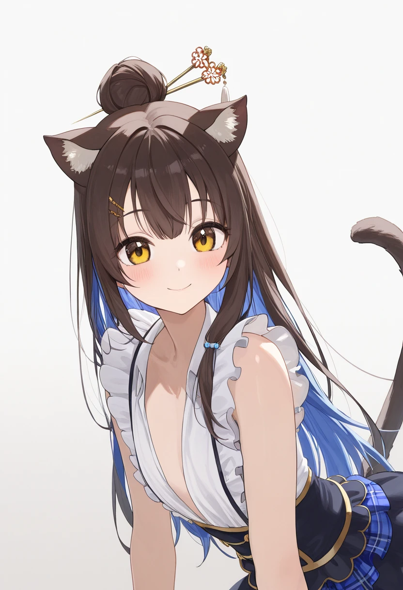 look_( something that sings),  1 girl,  long hair,  animal ears ,  blue hair, chest,  yellow eyes , single Hair Bun, cat Tail,  brown eyes, medium chest, cat ears, Hair Bun,, large chest,  hair accessory as Kamui ,  Hairstick , hairpin, idol costume  ,countryside , 視聴者をlook,  Alone, Tail, White background,  simple background, smile,   closed mouth