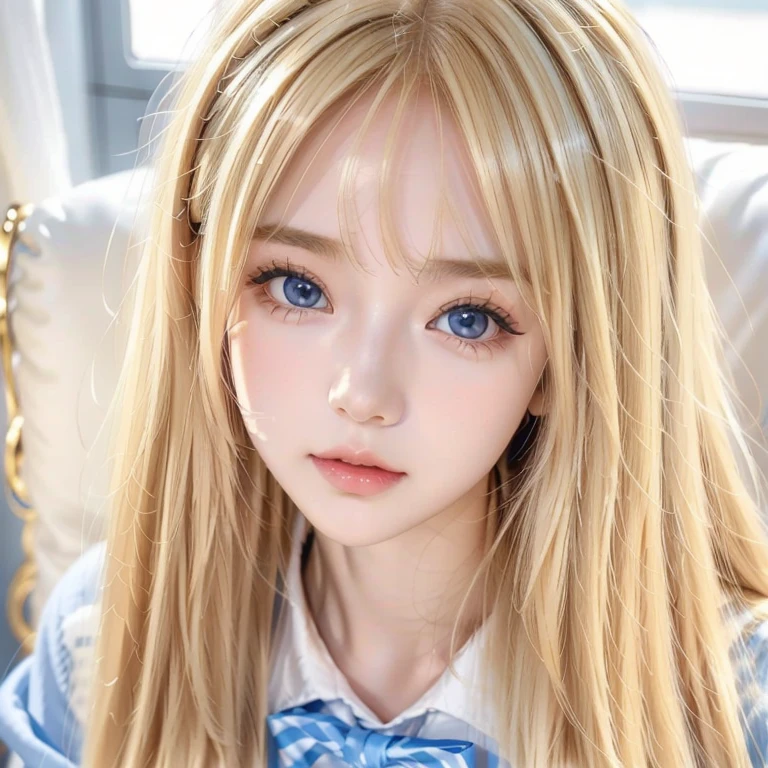 長くて明るいプラチナブロンドの髪を持つ very beautiful女の子、 beautiful 18 year old Scandinavian girl 、 bangs above eyes 、 blond hair on her face 、 popular blonde hair on her face 、 very beautiful顔、Kind and bright expression 、 showing off super long straight silky hair that stretches all the way to the toes、 very beautiful、 very bright light blue shining big eyes 、 very big gentle eyes 、 beautiful bright eye highlights 、 bangs between eyes、 blonde hair above one eye 、The beauty of a small face、Very white、young、 Shiny Skin、Cheek highlight、 school uniform、school sailor uniform、Round face、 Lie on your back