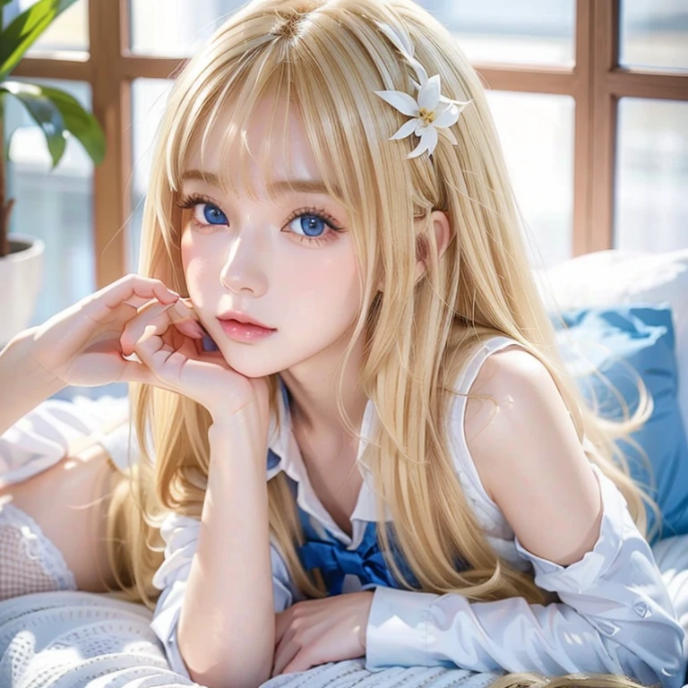 長くて明るいプラチナブロンドの髪を持つ very beautiful女の子、 beautiful 18 year old Scandinavian girl 、 bangs above eyes 、 blond hair on her face 、 popular blonde hair on her face 、 very beautiful顔、Kind and bright expression 、 showing off super long straight silky hair that stretches all the way to the toes、 very beautiful、 very bright light blue shining big eyes 、 very big gentle eyes 、 beautiful bright eye highlights 、 bangs between eyes、 blonde hair above one eye 、The beauty of a small face、Very white、young、 Shiny Skin、Cheek highlight、 school uniform、school sailor uniform、Round face、 Lie on your back