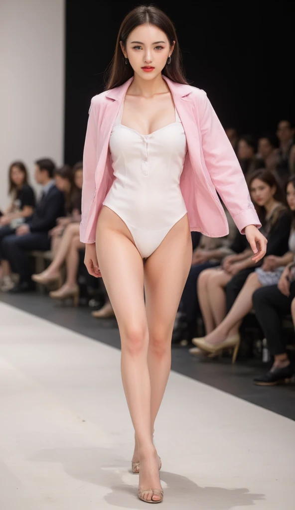 A stunning Russian model ,wearing diamond white bodysuit, pink jacket , highlighter , lipstick,  long hair,A energetic French actress strutting down the stage at New York Fashion Week,A mediocre pair of high heels with simple detailing and a new ,