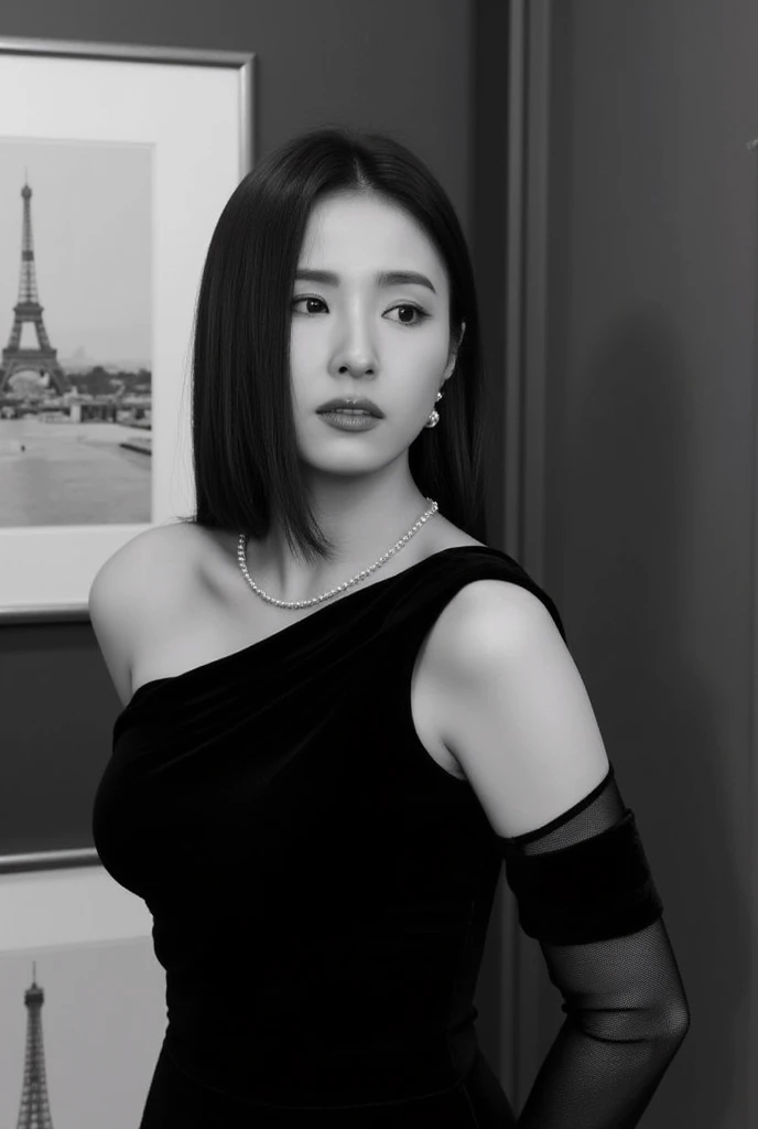  Black and White Photographic,  Portrait, Close up ,Side view, looking at viewer,  name  is Shin Sekyung,  beautiful Korea  Young girl is 25-age, (black chin-ion hair, heavy make, serious, decoration peal earring, peal neck-less), (C cup breast, middle hip),1 piece black formal dress, shoulder-less simple and chic body-con mini dress ,  black lace stocking ,  cinematic lighting,  back wall Paris picture Panel, (masterpiece, highest quality, High resolution, Photo realistic, sharp, RAW Photos, wallpaper, perfection, Professional Lighting, Very detailed)