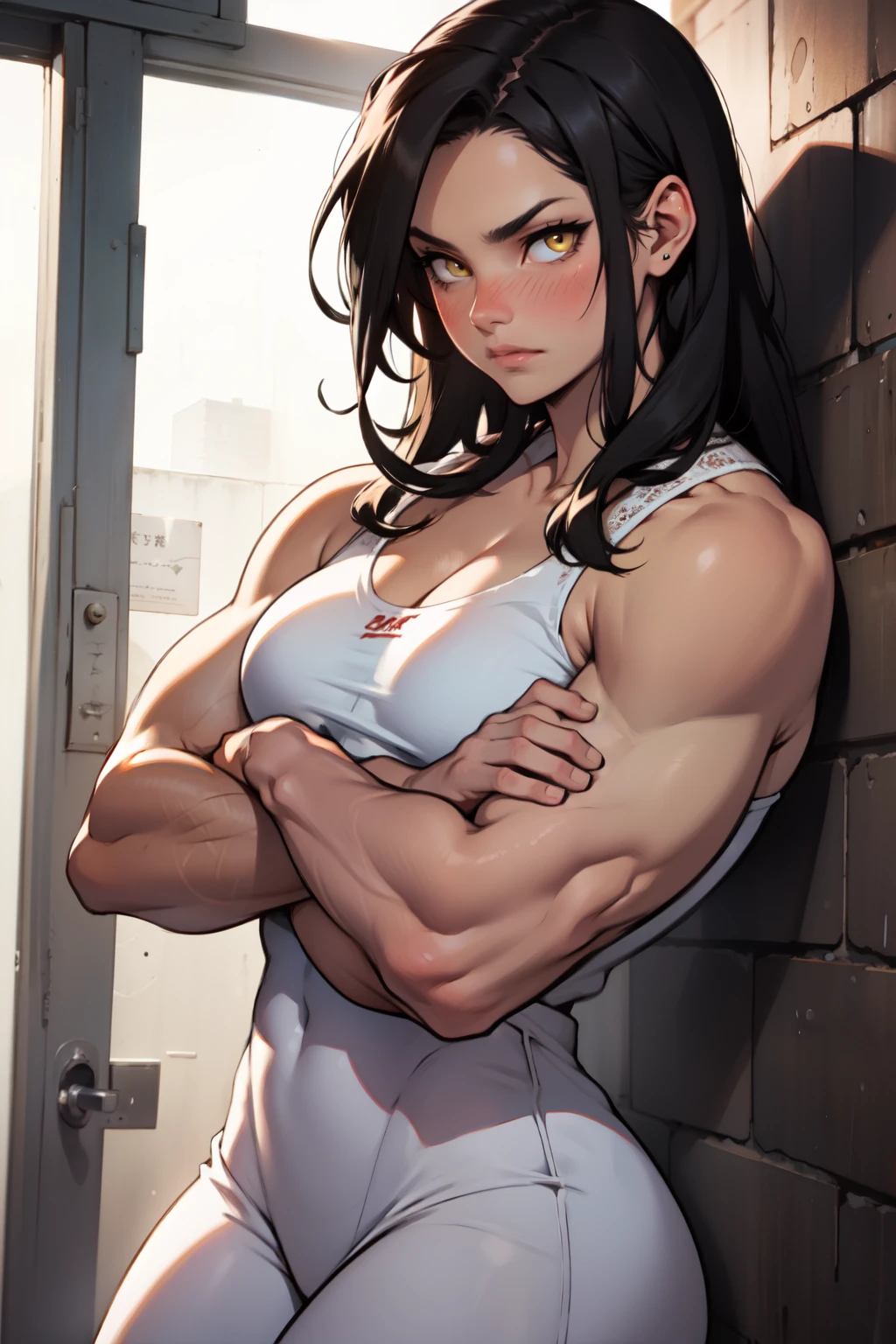 ((((((muscular 1 girl)))))), large breasts, toned body, black hair, pale skin, yellow eyes, very long hair in bed steamy foggy sweaty angry shiny skin naked