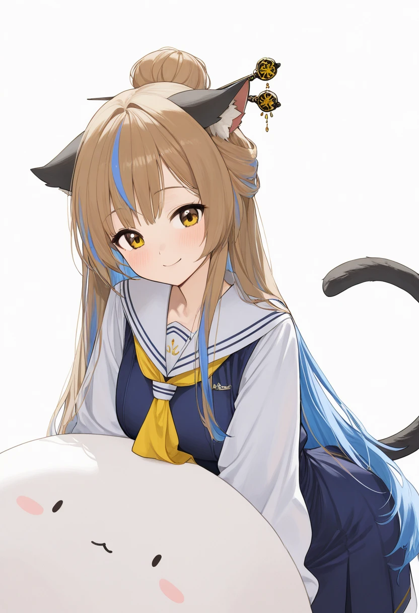 Look_( something that sings),   1 girl,   long hair,   animal ears  ,   blue hair, Chest,   yellow eyes , single Hair Bun, cat Tail,   brown eyes, medium Chest, cat ears, Hair Bun,, large Chest,   Something that sings Hair Accessory with Kamui ,   Hairstick  , hairpin,   sailor suit  , 視聴者をLook,  Alone, Tail, White background,   simple background, smile,     closed mouth