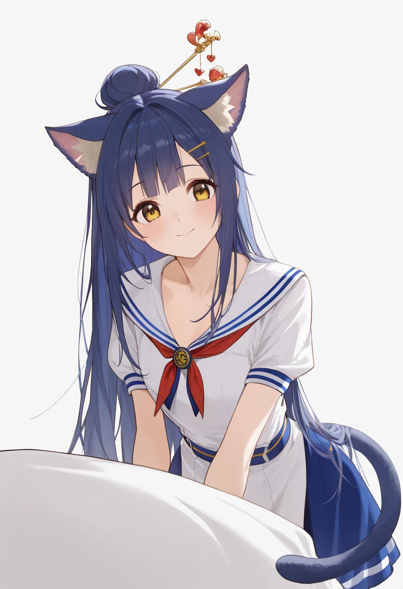 Look_( something that sings),   1 girl,   long hair,   animal ears  ,   blue hair, Chest,   yellow eyes , single Hair Bun, cat Tail,   brown eyes, medium Chest, cat ears, Hair Bun,, large Chest,   Something that sings Hair Accessory with Kamui ,   Hairstick  , hairpin,   sailor suit  , 視聴者をLook,  Alone, Tail, White background,   simple background, smile,     closed mouth