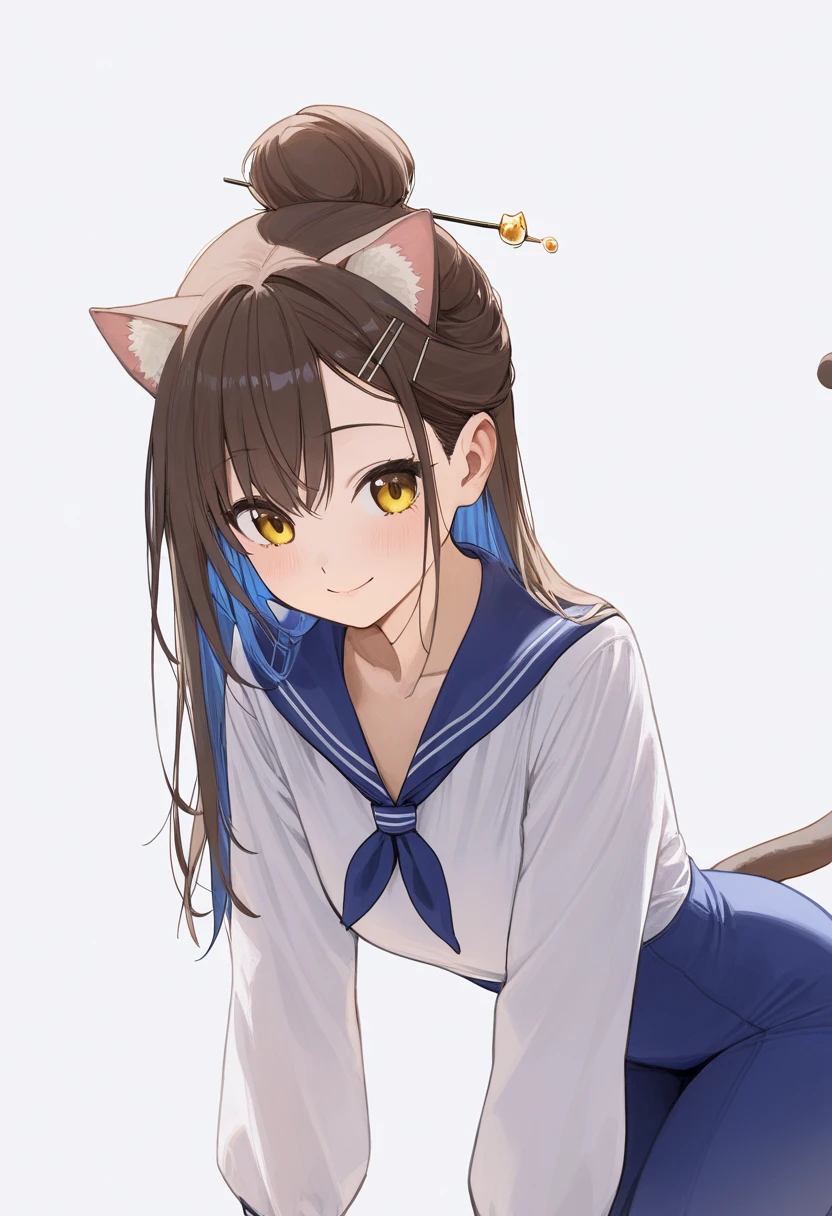 Look_( something that sings),   1 girl,   long hair,   animal ears  ,   blue hair, Chest,   yellow eyes , single Hair Bun, cat Tail,   brown eyes, medium Chest, cat ears, Hair Bun,, large Chest,   Something that sings Hair Accessory with Kamui ,   Hairstick  , hairpin,   sailor suit  , 視聴者をLook,  Alone, Tail, White background,   simple background, smile,     closed mouth