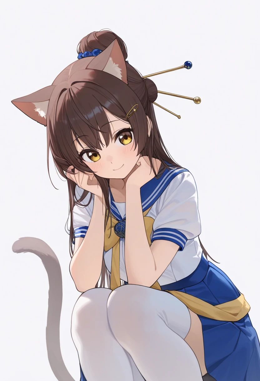 Look_( something that sings),   1 girl,   long hair,   animal ears  ,   blue hair, Chest,   yellow eyes , single Hair Bun, cat Tail,   brown eyes, medium Chest, cat ears, Hair Bun,, large Chest,   Something that sings Hair Accessory with Kamui ,   Hairstick  , hairpin,   sailor suit  , 視聴者をLook,  Alone, Tail, White background,   simple background, smile,     closed mouth