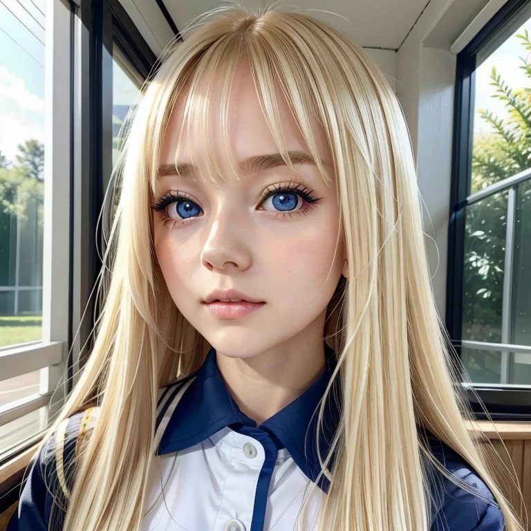 2d cartoon girl, blonde hair, big eyes, cute, blue shirt, white skin 