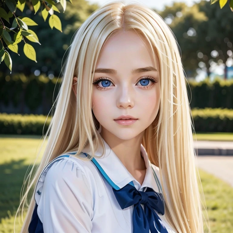 長くて明るいプラチナブロンドの髪を持つ very beautiful女の子、 beautiful 18 year old Scandinavian girl 、 bangs above eyes 、 blond hair on her face 、 popular blonde hair on her face 、 very beautiful顔、Kind and bright expression 、 showing off super long straight silky hair that stretches all the way to the toes、 very beautiful、 very bright light blue shining big eyes 、 very big gentle eyes 、 beautiful bright eye highlights 、 bangs between eyes、 blonde hair above one eye 、The beauty of a small face、Very white、young、 Shiny Skin、Cheek highlight、 school uniform、school sailor uniform、Round face、 Lie on your back