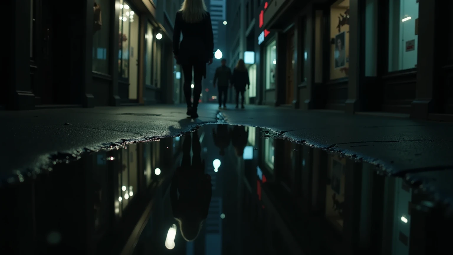 Night, realistic, New York City shopping road, first-person perspective from someone walking and looking down. The scene captures the reflection in a puddle on the ground. A haunting shadow of a dark, winged figure appears in the puddle, surrounded by the dim glow of streetlights, wet pavement, and subtle reflections of storefront signs