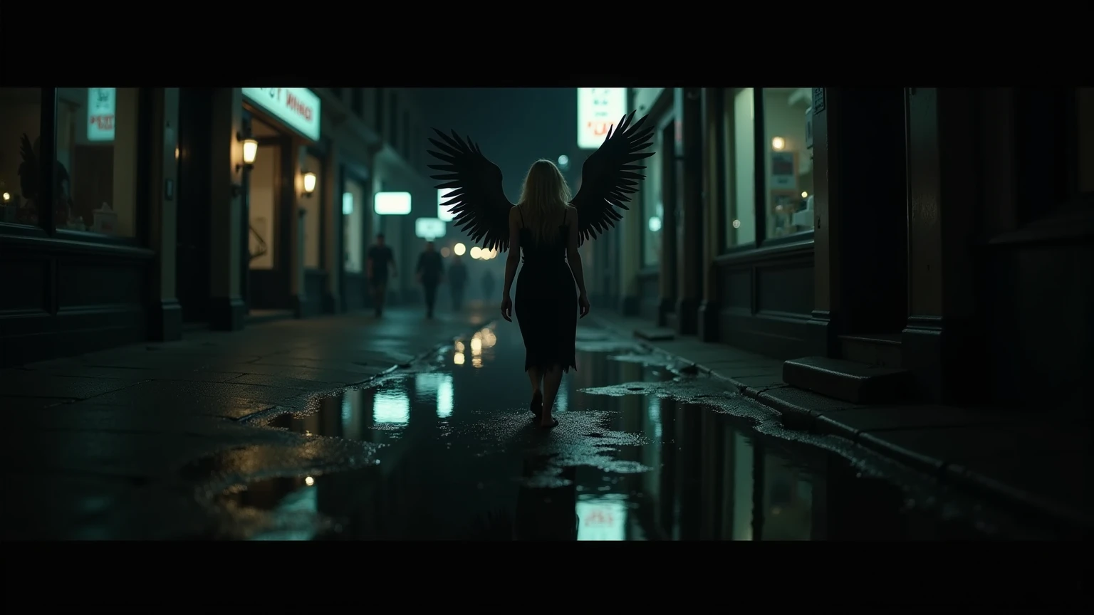 Night, realistic, New York City shopping road, first-person perspective from someone walking and looking down. The scene captures the reflection in a puddle on the ground. A haunting shadow of a dark, winged figure appears in the puddle, surrounded by the dim glow of streetlights, wet pavement, and subtle reflections of storefront signs