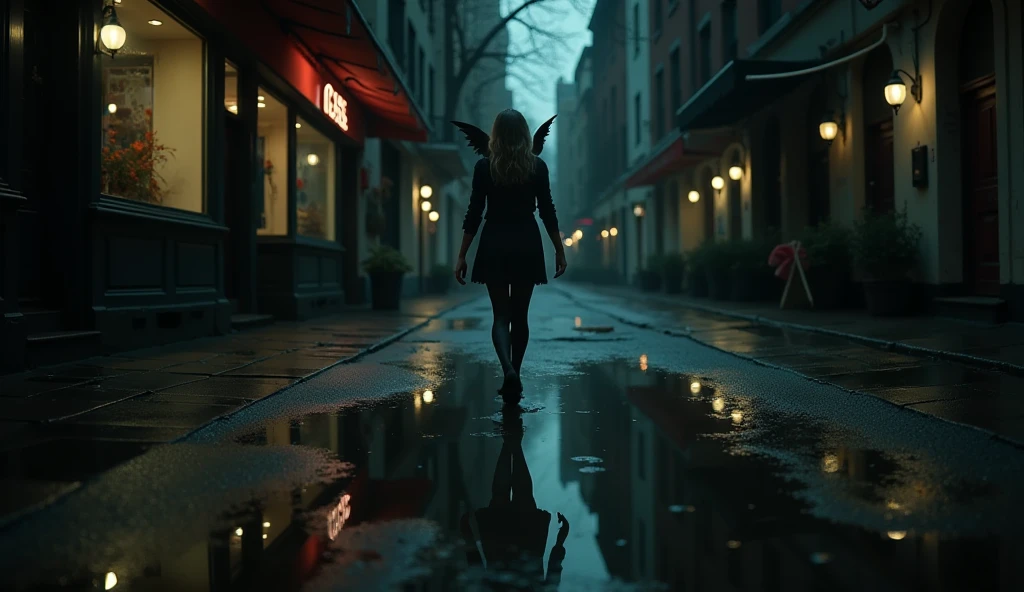 Night, realistic, New York City shopping road, first-person perspective from someone walking and looking down. The scene captures the reflection in a puddle on the ground. A haunting shadow of a dark, winged figure appears in the puddle, surrounded by the dim glow of streetlights, wet pavement, and subtle reflections of storefront signs