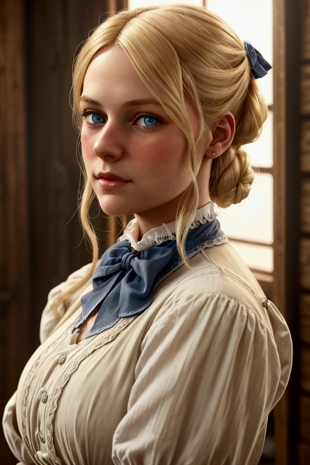 A 25-year-old blond girl with blue eyes,  with her hair half tied with a bow .  The image captures the fashion and atmosphere of the early 1900s, specifically the year 1901 , with soft lighting,  vintage aesthetic , da mesma atmostefa do jogo Red Dead Redemption 2.