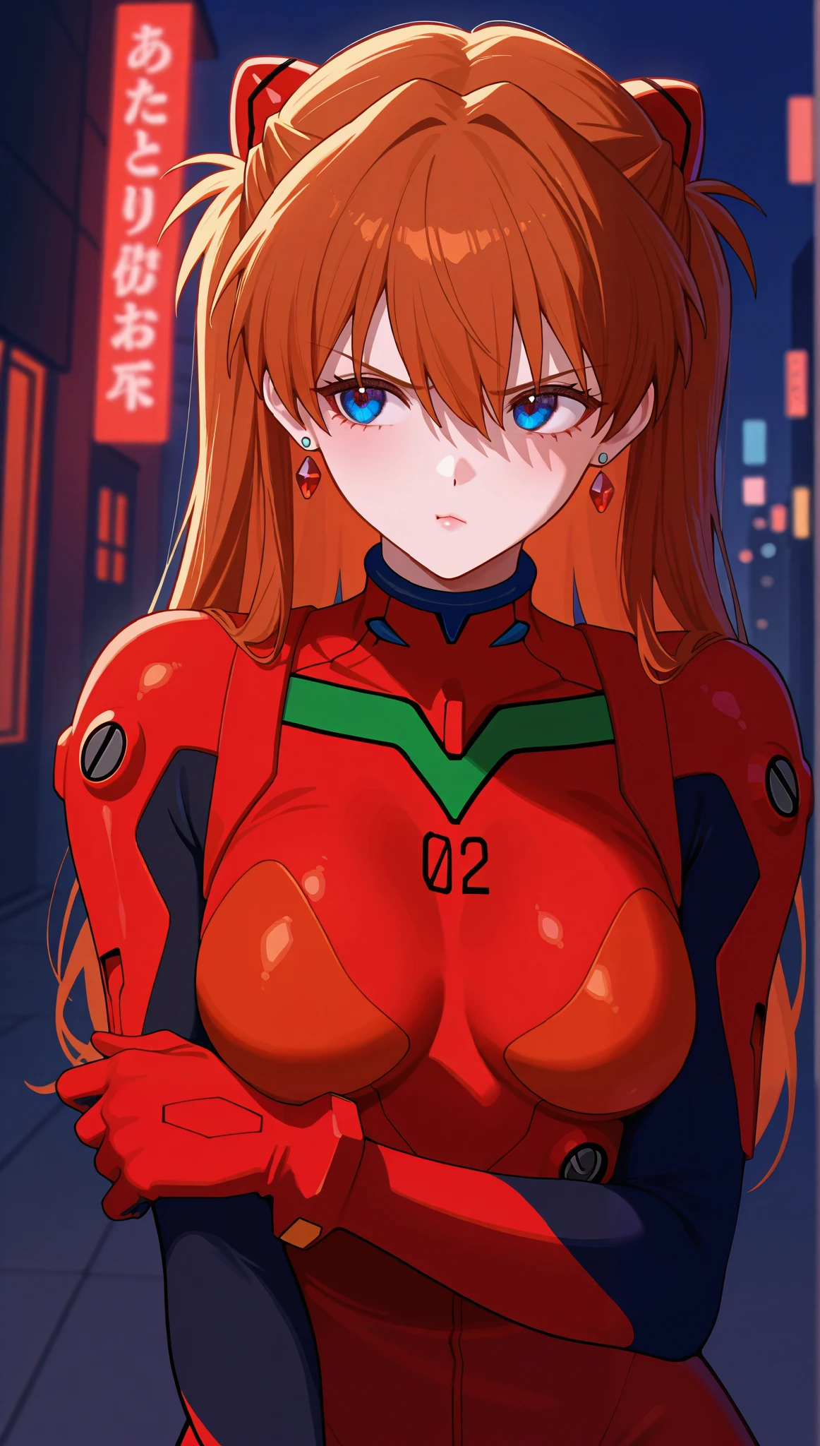 (masterpiece), (portrait), medium breasts (aesthetics), ((1 female 21 years old)), Highlight earrings), ((long hair)), ((Hot crystal brown hair)), ((Asuka Soryu Langley)) straight hair, thin eyes open, cold look, blue eyes, cute, naughty, angry, pouting, lane, woman, feminine, beautiful, female features, top, high quality, aesthetic clothing, professional angle, (rule of thirds), (feminine), , (beautiful) , (female), solo, (Korean attractive), summer, (ink haze), (afternoon), (vibrant light), seductive posture, ((face looking forward))), Asuka Soryu Langley, Bonded armor, futuristic jumpsuit, red with black details, battle uniform, sensual ((Energy)), (Bold Makeup), (medium Breasts), Fair Skin, (Clothes with Hip Hop Details), (a hot Asuka Soryu Langley, sculptural body, sexy pose), (Sleep Neckline), Beautiful Hands, Body beautiful, beautiful ears, beautiful eyes, bright eyes, beautiful mouth, beautiful lips, on the street, buildings