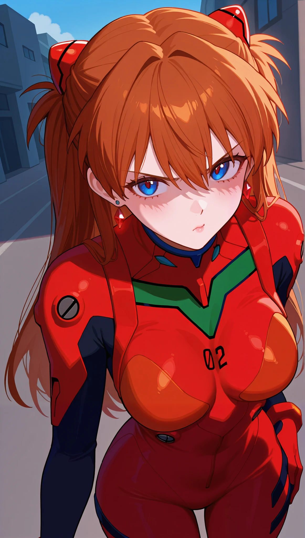 (masterpiece), (portrait), medium breasts (aesthetics), ((1 female 21 years old)), Highlight earrings), ((long hair)), ((Hot crystal brown hair)), ((Asuka Soryu Langley)) straight hair, thin eyes open, cold look, blue eyes, cute, naughty, angry, pouting, lane, woman, feminine, beautiful, female features, top, high quality, aesthetic clothing, professional angle, (rule of thirds), (feminine), , (beautiful) , (female), solo, (Korean attractive), summer, (ink haze), (afternoon), (vibrant light), seductive posture, ((face looking forward))), Asuka Soryu Langley, Bonded armor, futuristic jumpsuit, red with black details, battle uniform, sensual ((Energy)), (Bold Makeup), (medium Breasts), Fair Skin, (Clothes with Hip Hop Details), (a hot Asuka Soryu Langley, sculptural body, sexy pose), (Sleep Neckline), Beautiful Hands, Body beautiful, beautiful ears, beautiful eyes, bright eyes, beautiful mouth, beautiful lips, on the street, buildings