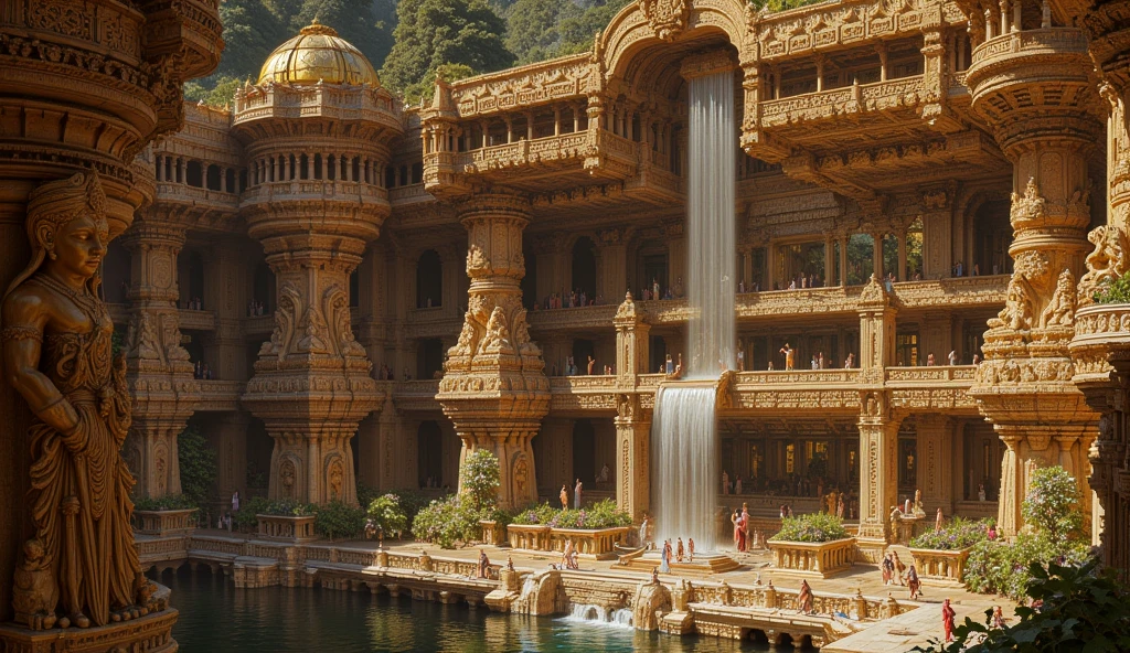 Create a grand, hyper-realistic painting capturing a majestic hall within an ancient Indian palace. The hall features many multi-layered attic pool connected to various waterfalls, with towering gopurams and intricate sandstone carvings of deities, mythical creatures, and floral patterns. Golden domes and spires gleam in the sunlight, each fed by cascading waterfalls that flow elegantly from stone-carved spouts high above. Stone platforms and finely carved balconies blend seamlessly with the intricate Dravidian temple architecture. The ceiling is adorned with ornate carvings, depicting celestial figures and patterns, while massive, intricately detailed pillars showcase traditional South Indian designs, rising gracefully to support the roof. Towering statues of deities and mythical beings, sculpted with precision and reverence, line the hall, lending an aura of timeless grandeur. Lush vines with vibrant flowers wrap around the stonework, introducing elements of natural beauty into the scene. Soft rays of sunlight filter in from above, illuminating the pools and casting intricate shadows that accentuate the hall's detailed craftsmanship. The atmosphere combines a serene tranquility with opulent splendor, as vivid textures and colors reflect the rich legacy and splendor of ancient India. Capture the scene with high contrast, vivid hues, and a warm, ethereal glow.