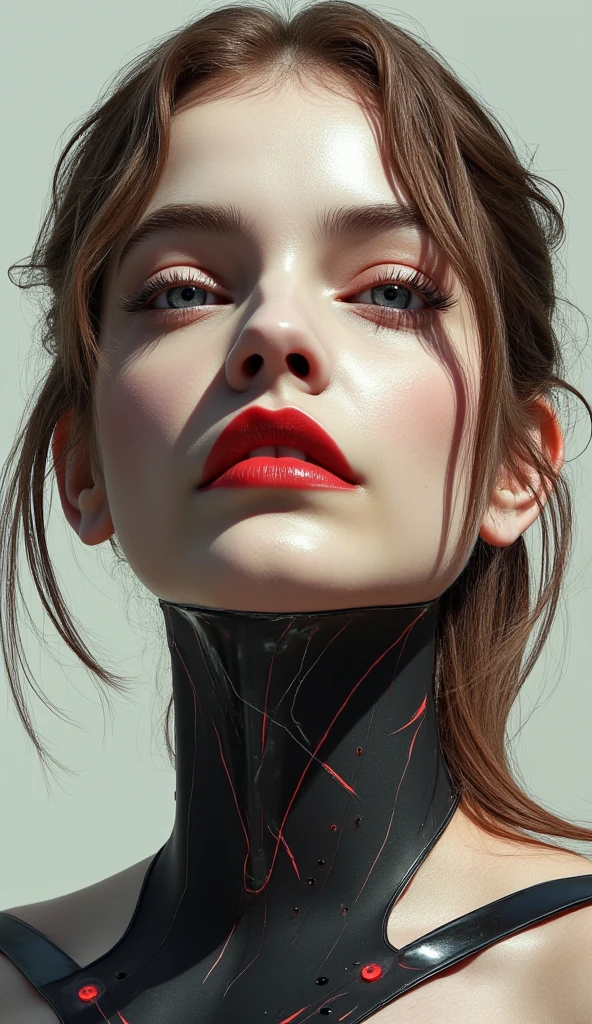 A beautiful ((evil slavic woman)), pale skin, long light brown hair, with robotic features as a closeup shot of the face and neck, with circuitry on her skin, clean lines, minimal details, cyberpunk, portrayed, futuristic design, in a 2D flat composition, red tones