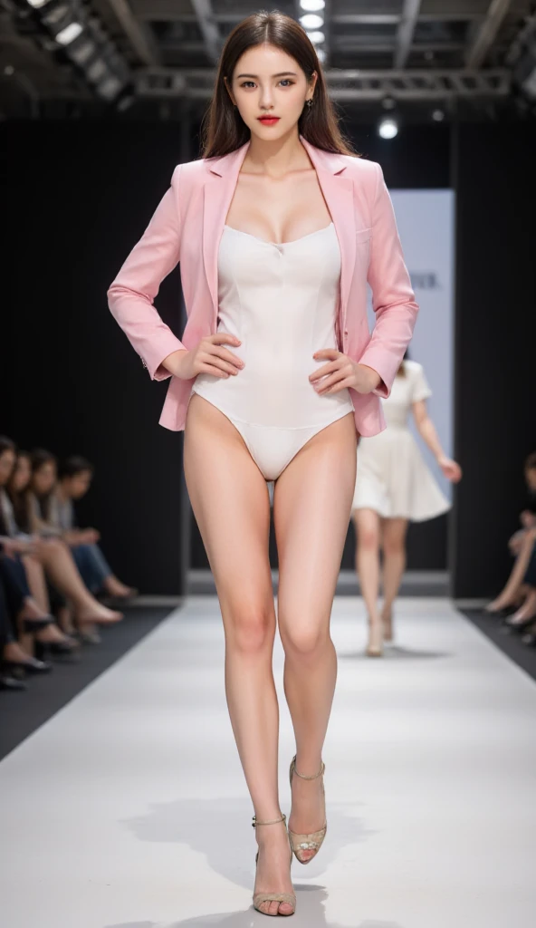 A stunning Russian model ,wearing diamond white bodysuit, pink jacket , highlighter , lipstick,  long hair,A energetic French actress strutting down the stage at New York Fashion Week,A mediocre pair of high heels with simple detailing and a new ,