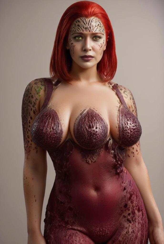 Fusion of Mystique and Scarlet Witch,red and auburn hair,long hair,clear face,white face, white skin, white skin with faint blue sheen, left eye green,right eye yellow,black outfit, form fitting outfit, deep blood red outfit,outfit with swirling green and purple patterns, three breasts,three breasted woman, triboob,woman with three breasts,open cleavage, showing cleavage,seductive look,looking at viewer