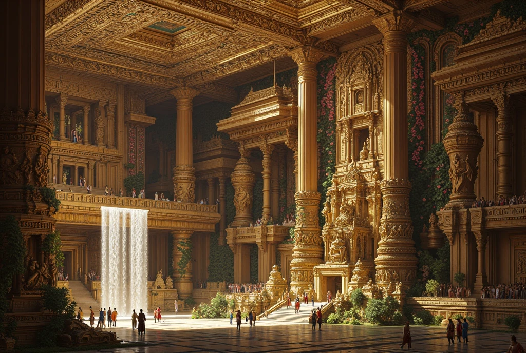 Create a grand, hyper-realistic painting capturing a majestic hall within an ancient Indian palace. The hall features many multi-layered attic pool connected to various waterfalls, with towering gopurams and intricate sandstone carvings of deities, mythical creatures, and floral patterns. Golden domes and spires gleam in the sunlight, each fed by cascading waterfalls that flow elegantly from stone-carved spouts high above. Stone platforms and finely carved balconies blend seamlessly with the intricate Dravidian temple architecture. The ceiling is adorned with ornate carvings, depicting celestial figures and patterns, while massive, intricately detailed pillars showcase traditional South Indian designs, rising gracefully to support the roof. Towering statues of deities and mythical beings, sculpted with precision and reverence, line the hall, lending an aura of timeless grandeur. Lush vines with vibrant flowers wrap around the stonework, introducing elements of natural beauty into the scene. Soft rays of sunlight filter in from above, illuminating the pools and casting intricate shadows that accentuate the hall's detailed craftsmanship. The atmosphere combines a serene tranquility with opulent splendor, as vivid textures and colors reflect the rich legacy and splendor of ancient India. Capture the scene with high contrast, vivid hues, and a warm, ethereal glow.