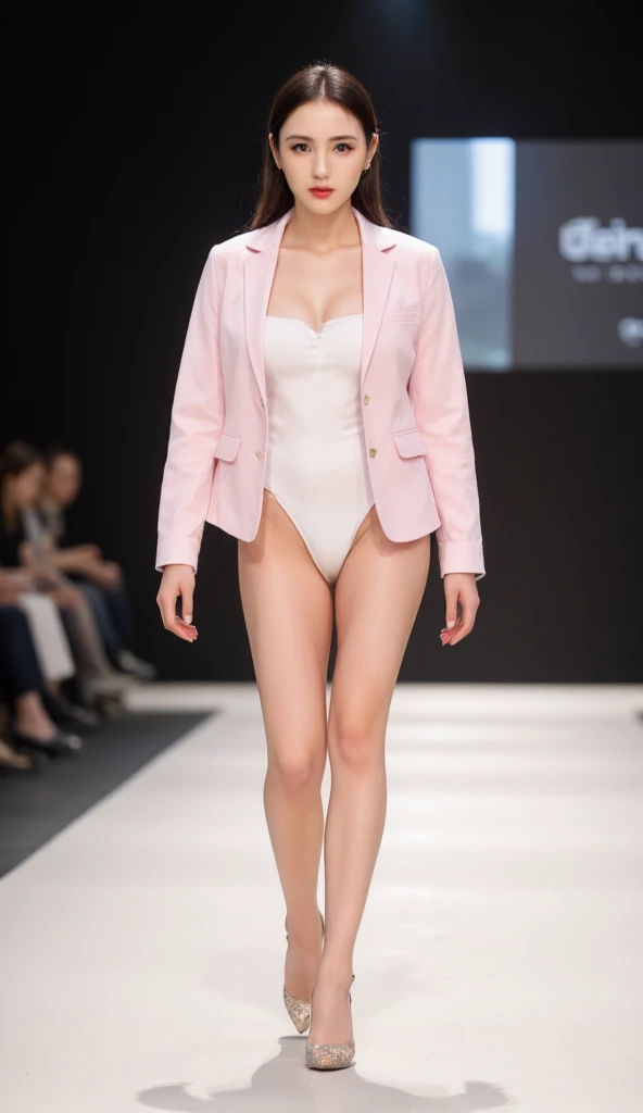 A stunning Russian model ,wearing diamond white bodysuit, pink jacket , highlighter , lipstick,  long hair,A energetic French actress strutting down the stage at New York Fashion Week,A mediocre pair of high heels with simple detailing and a new ,