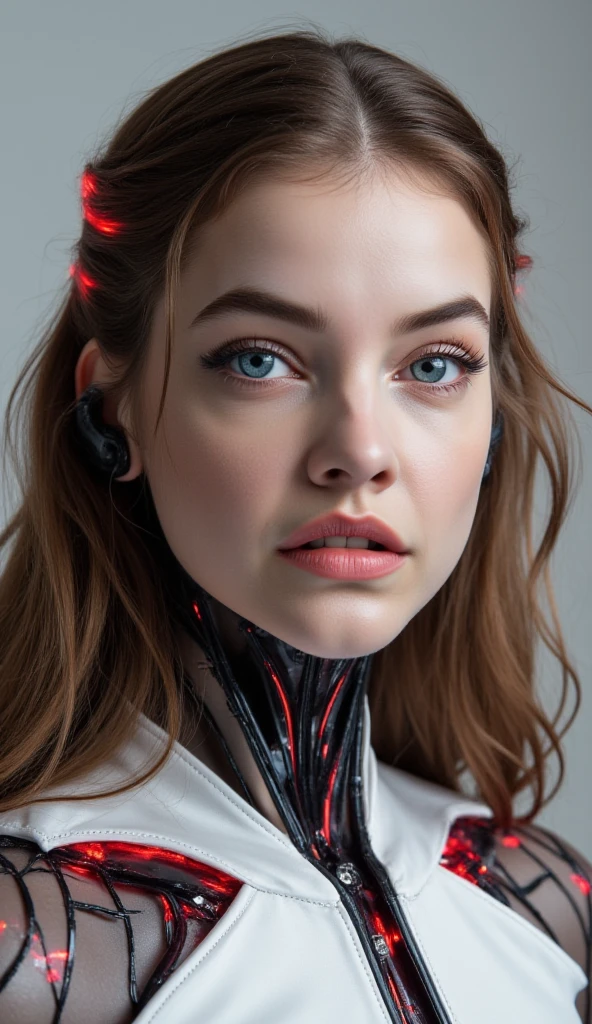 A beautiful ((evil slavic woman)), pale skin, long light brown hair, with robotic features as a closeup shot of the face and neck, with circuitry on her skin, clean lines, minimal details, cyberpunk, portrayed, futuristic design, in a 2D flat composition, red tones