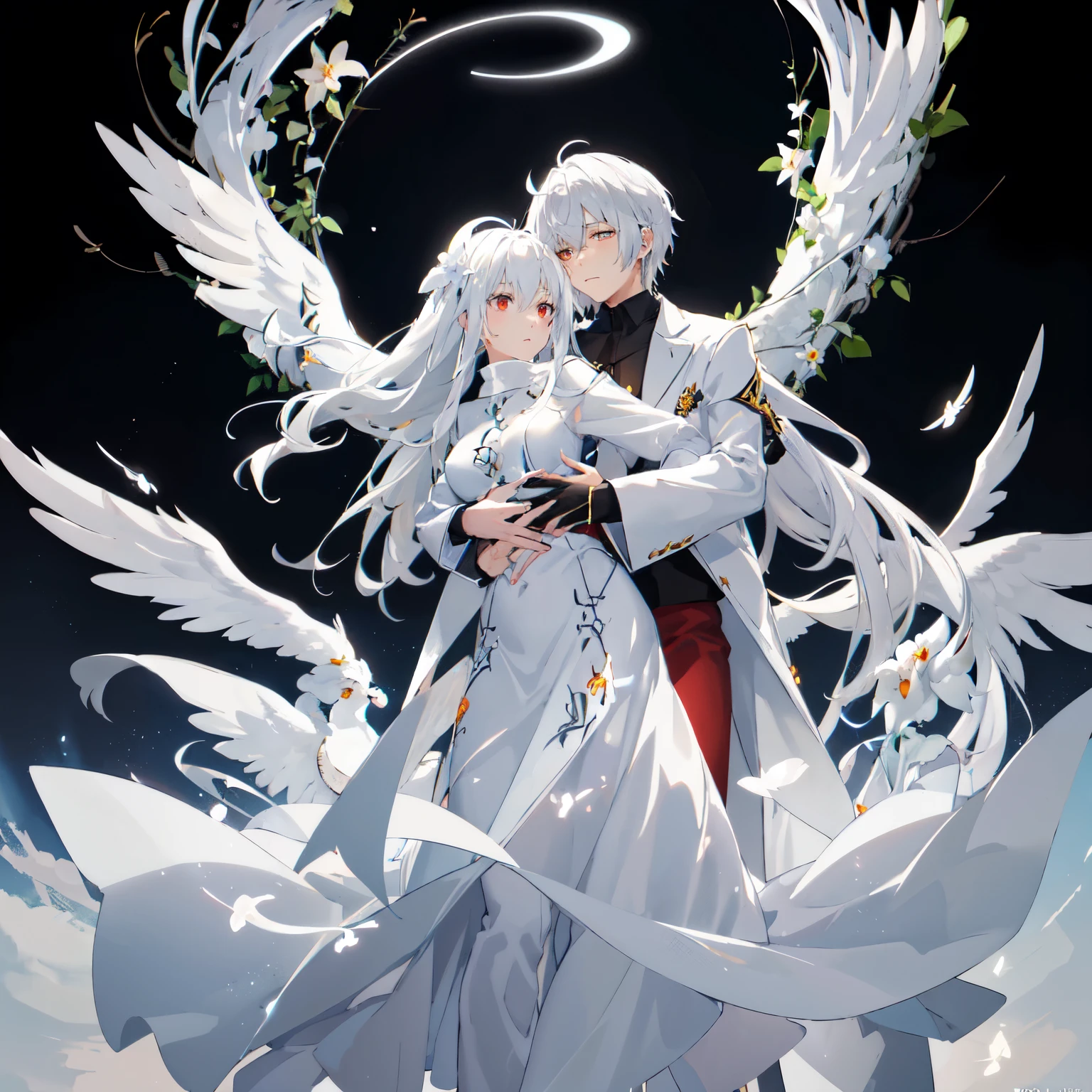 Anime couple hugging and kissing ,  long scarf red color  ,Looking forward Man in formal attire wearing a white and platinum lab coat on top Male,red eyes, cabello largo color platino anime angel con alas y un halo por encima de la cabeza, anime wallpaper , bíblico preciso angel , angelic, ,  glowing angelic being  , an angel, angelical, hd anime wallpaper , Night, angel, ascension,  Big shiny white wings , , Angelic and Disturbing  , the lilies, ethereal anime, angelic angel alas de angel, white-haired deity,  Glowing Angelic Being , Angelic halo, sacred halo, Un angel,  snowy anime background ,  winner of the pixiv , The Angel of Death with a halo, anime wallpaper, angelic and disturbing,  orange halo around her head ,  ray of light through white hair, bright halo above his head,Looking forward Man in formal attire wearing a white and platinum lab coat on top Male,red eyes, cabello largo color platino anime angel con alas y un halo por encima de la cabeza, anime wallpaper , bíblico preciso angel , angelic, angel  glowing angelic being  ,  angel, angelical,  anime wallpaper , Night, angel, ascension,  Big shiny white wings , , Angelic and Disturbing  , the lilies, ethereal anime, angelic halo con alas de angel, white-haired deity,  Glowing Angelic Being , Angelic halo, sacred halo, Un angel, ,  orange halo around her head ,  ray of light through white hair, bright halo above his head, ANGEL HALO shiny white and platinum , masterpiece,  angry face, Ojos rojos, limelight, swirling wind, snowy background ,  ANGEL HALO shiny white and platinum , masterpiece, angry face, Ojos rojos, limelight, swirling wind, snowy background ,  lab coat color white and platinum formal outfit platinum color formal attire complex snowy background 