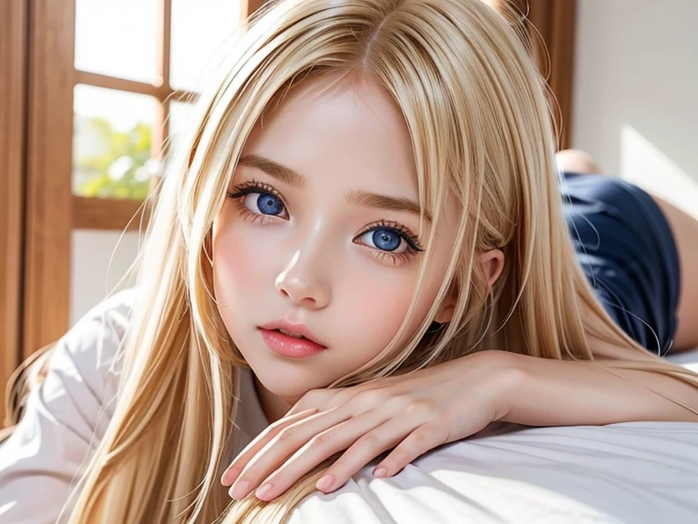 長くて明るいプラチナブロンドの髪を持つ very beautiful女の子、 beautiful 18 year old Scandinavian girl 、 bangs above eyes 、 blond hair on her face 、 popular blonde hair on her face 、 very beautiful顔、Kind and bright expression 、 showing off super long straight silky hair that stretches all the way to the toes、 very beautiful、 very bright light blue shining big eyes 、 very big gentle eyes 、 beautiful bright eye highlights 、 bangs between eyes、 blonde hair above one eye 、The beauty of a small face、Very white、young、 Shiny Skin、Cheek highlight、 school uniform、school sailor uniform、Round face、 Lie on your back